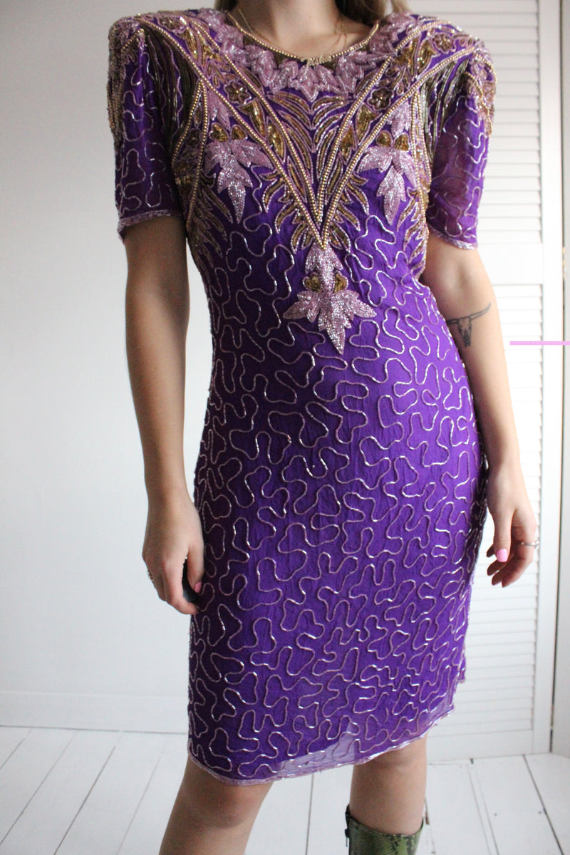 Vintage 80s Purple ☀ Gold Sequin Silk ...